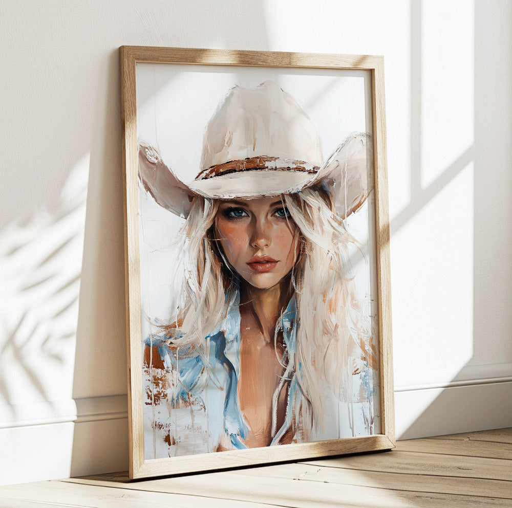 Blonde cowgirl portrait with a white western hat and soft neutral tones