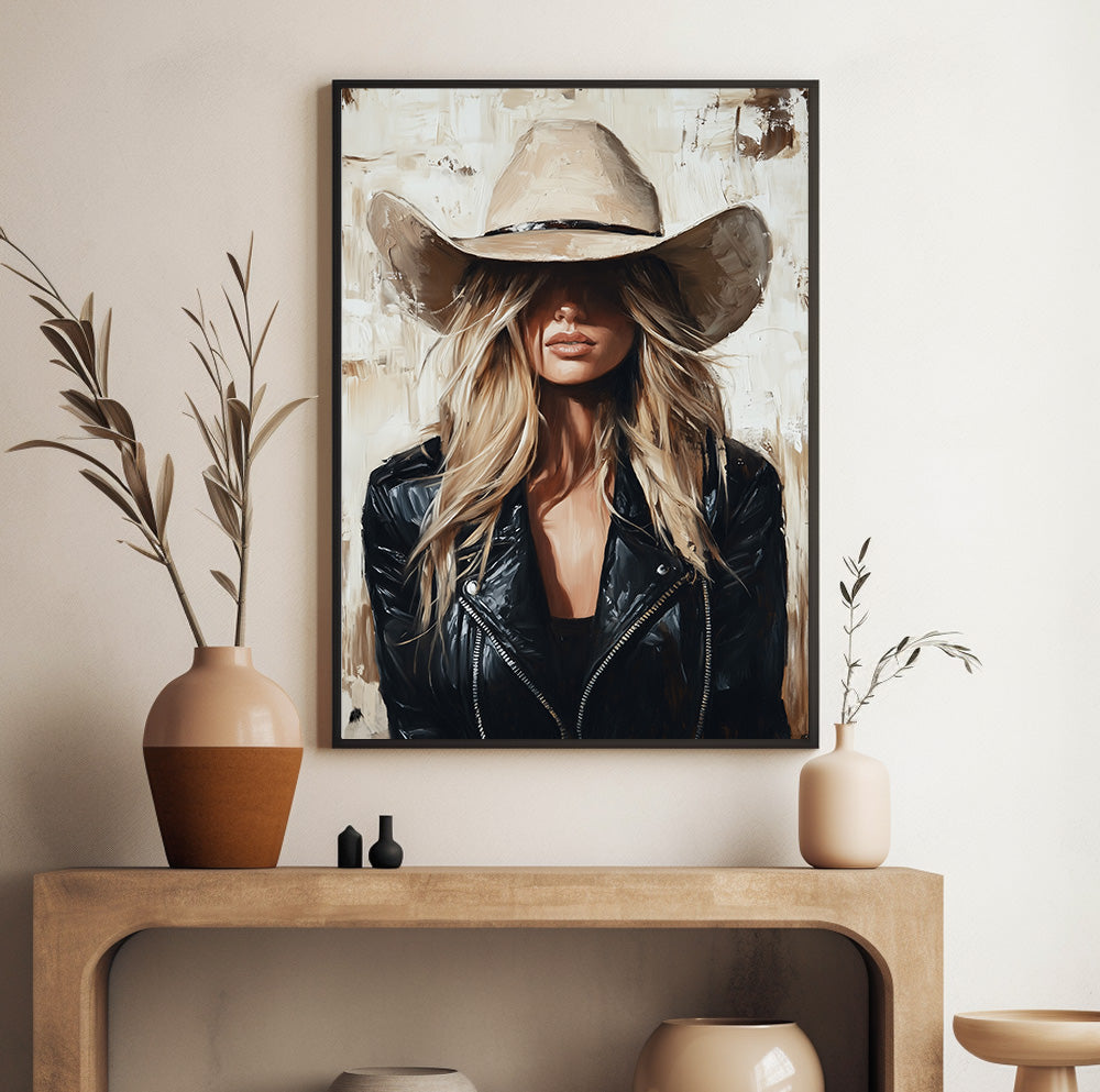 Blonde cowgirl portrait featuring a stylish western woman in neutral beige and black tones