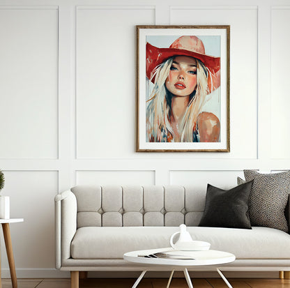 Blonde cowgirl portrait with expressive brushstrokes and a statement western hat