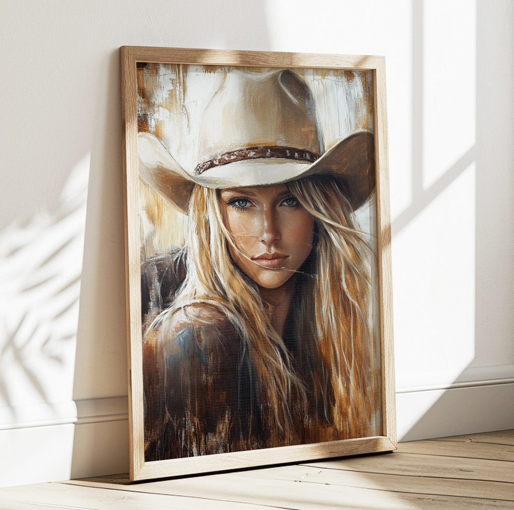 Blonde cowgirl wall art featuring a woman wearing a beige cowboy hat in warm neutral tones