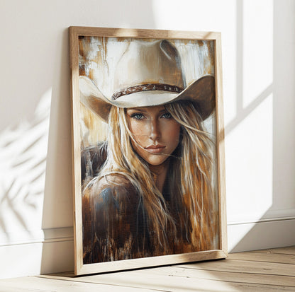 Blonde cowgirl wall art featuring a woman wearing a beige cowboy hat in warm neutral tones