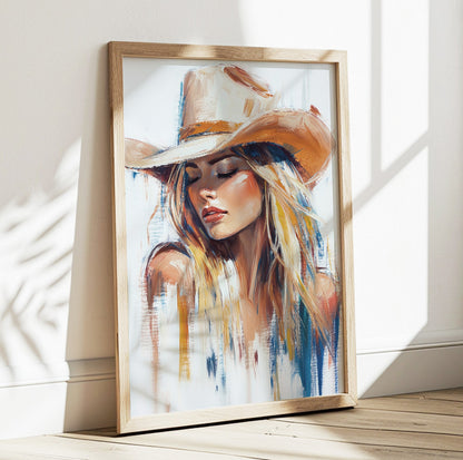Blonde cowgirl wall art with warm beige, blue and orange painted details.