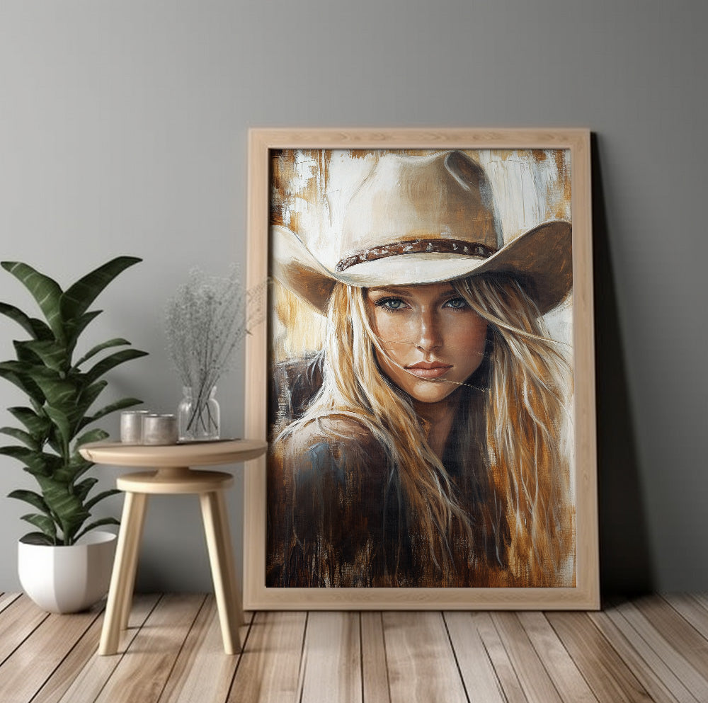 Blonde woman cowboy hat art featuring a modern feminine western portrait