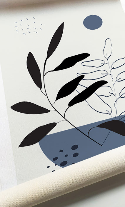 Modern botanical prints with arches, circles, and elegant blue botanical illustrations