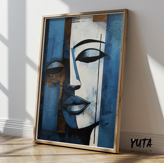 Blue abstract face wall art featuring cubist portrait elements, modern geometric composition and contemporary artistic expression
