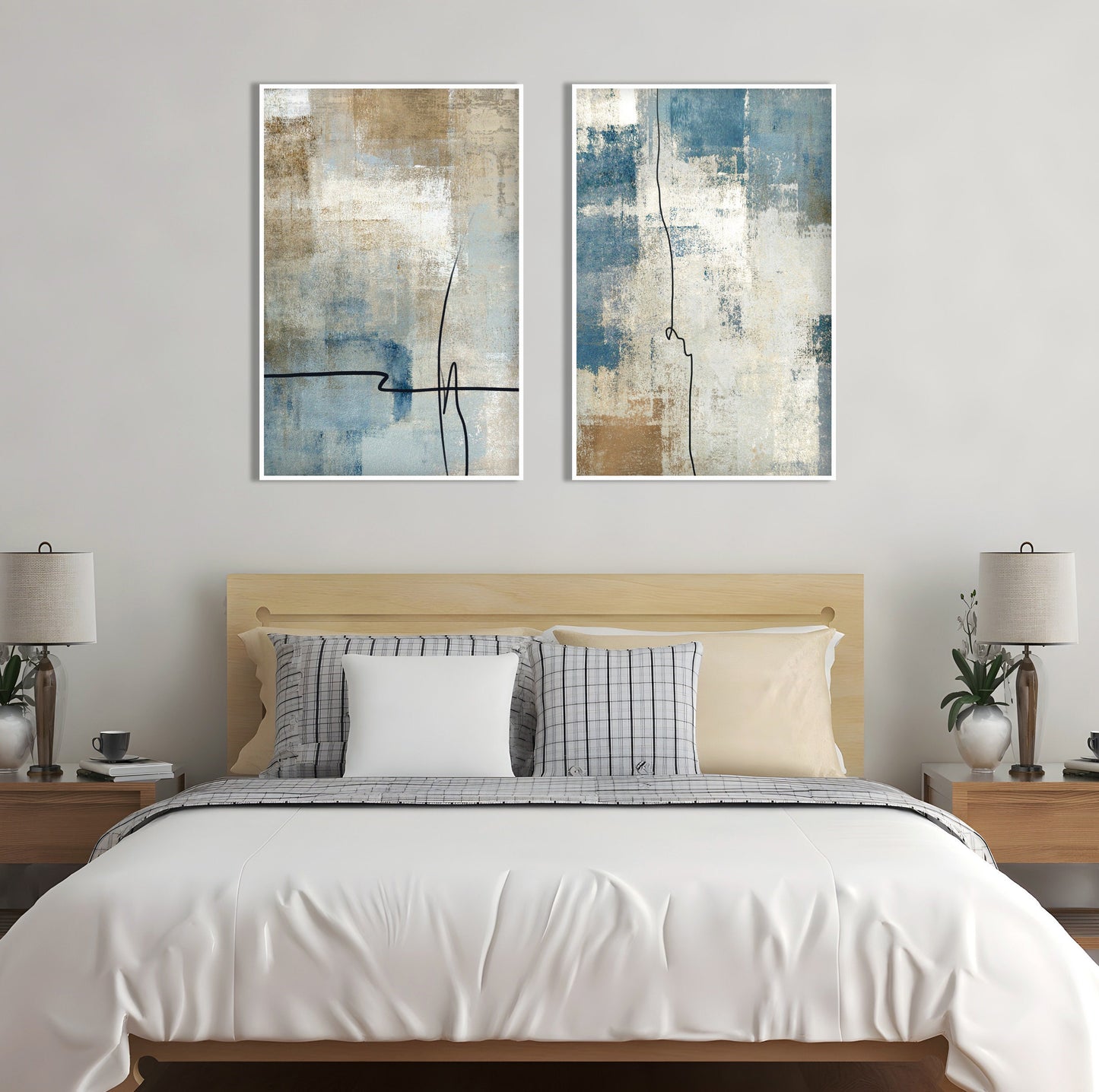 Blue abstract wall art showcasing textured neutral layers, organic line details and modern contemporary styling