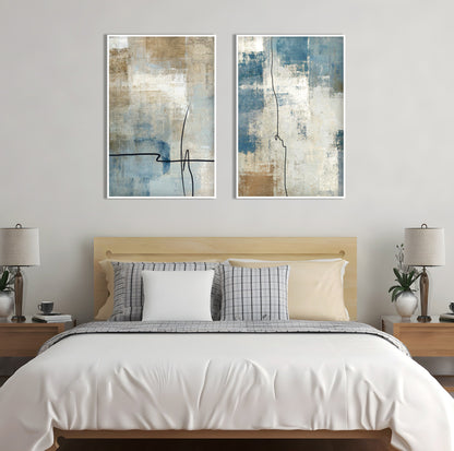 Blue abstract wall art showcasing textured neutral layers, organic line details and modern contemporary styling