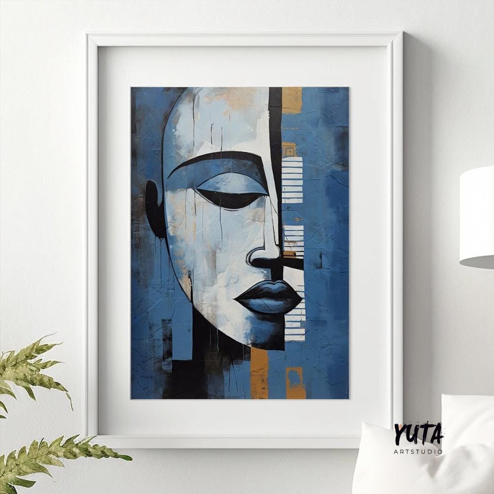 Modern navy blue grey abstract painting print. Contemporary african american art. Abstract woman portrait, minimalist living room decor