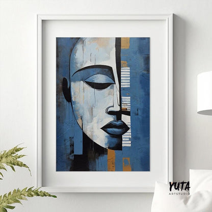 Modern navy blue grey abstract painting print. Contemporary african american art. Abstract woman portrait, minimalist living room decor