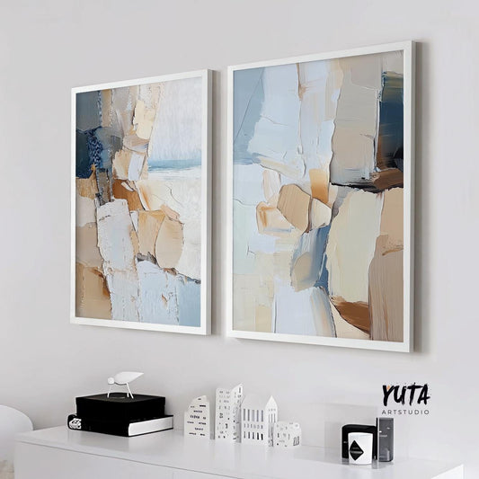 Two-piece neutral abstract art set in white frames arranged side by side on a pale wall