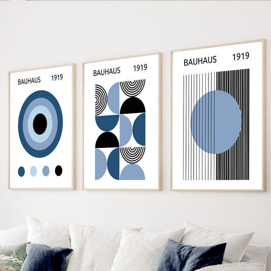 Blue Bauhaus wall art set of 3 with geometric abstract designs