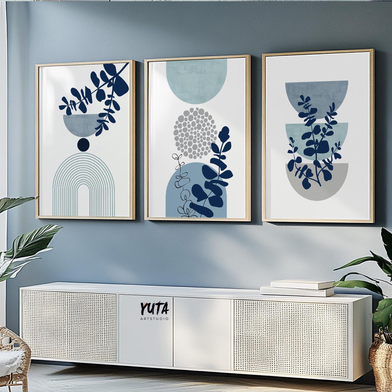 Blue botanical gallery wall set showcasing abstract leaves, minimalist arches and Scandinavian inspired design
