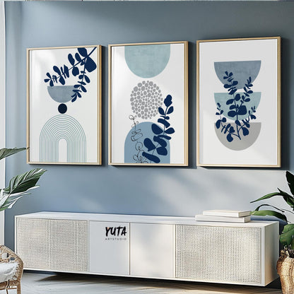 Blue botanical gallery wall set showcasing abstract leaves, minimalist arches and Scandinavian inspired design