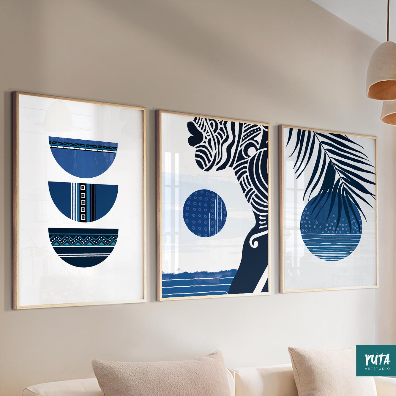 Blue botanical wall art showcasing tropical palm leaves, organic abstract shapes and modern minimalist styling