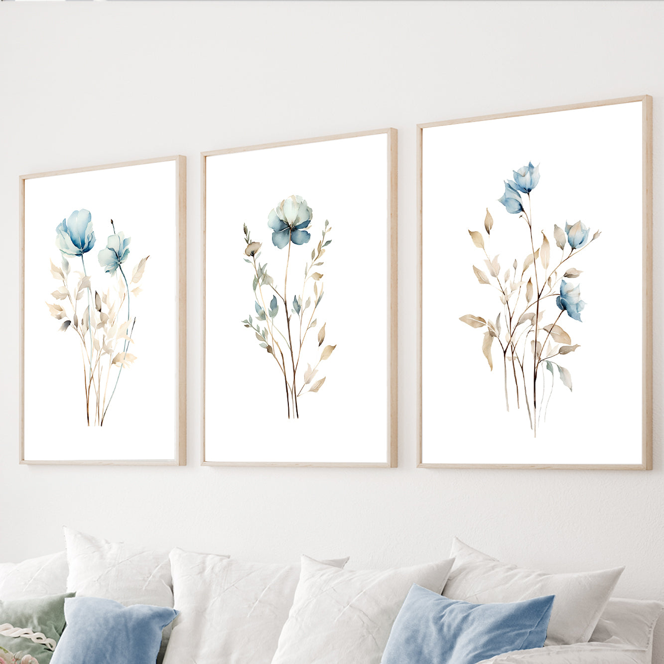Blue botanical wall art set of 3 featuring delicate watercolor flowers