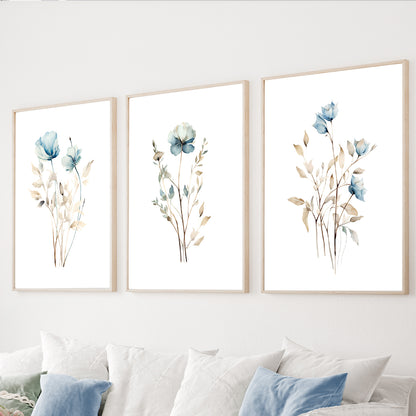 Blue botanical wall art set of 3 featuring delicate watercolor flowers