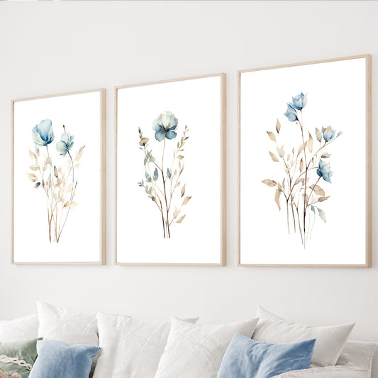 Blue botanical wall art set of 3 featuring delicate watercolor flowers
