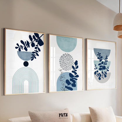 Blue botanical wall art showcasing eucalyptus inspired leaves, geometric forms and minimalist contemporary styling