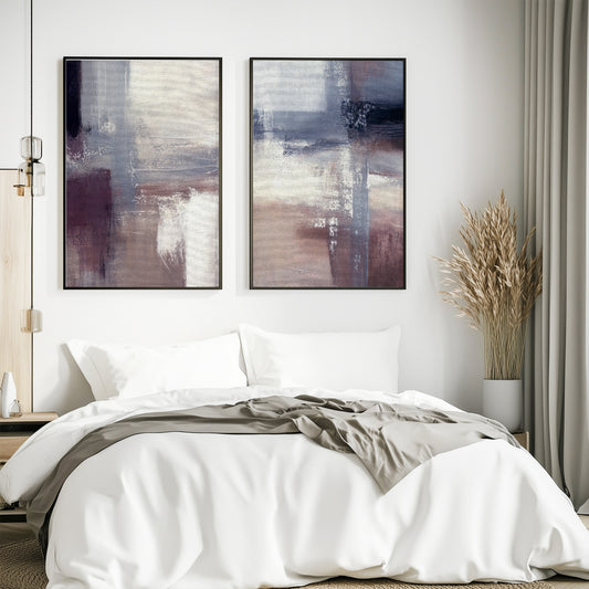 Blue and brown abstract wall art set of 2 with textured brushstrokes