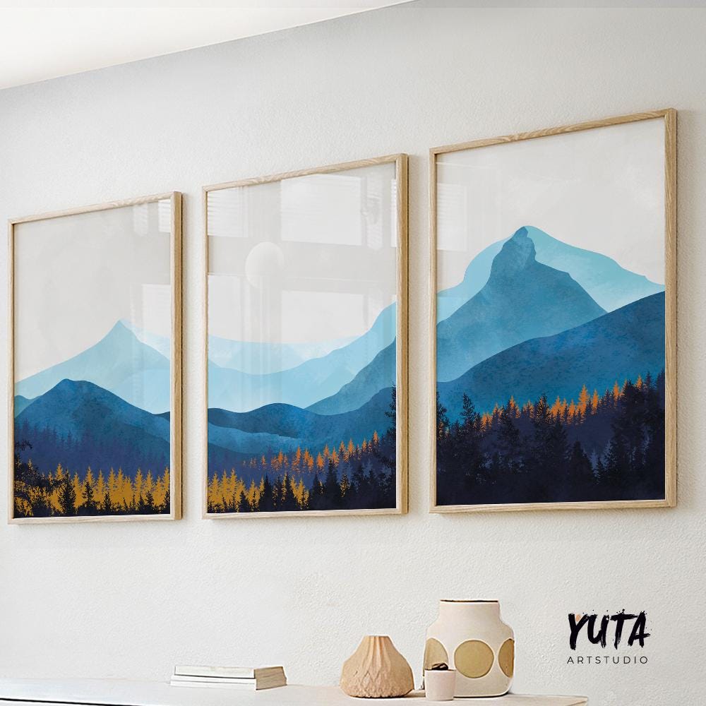 Navy blue mountain wall art set of 3 print. Nature gallery wall set, modern minimalist aesthetic room decor, Scandy living room posters