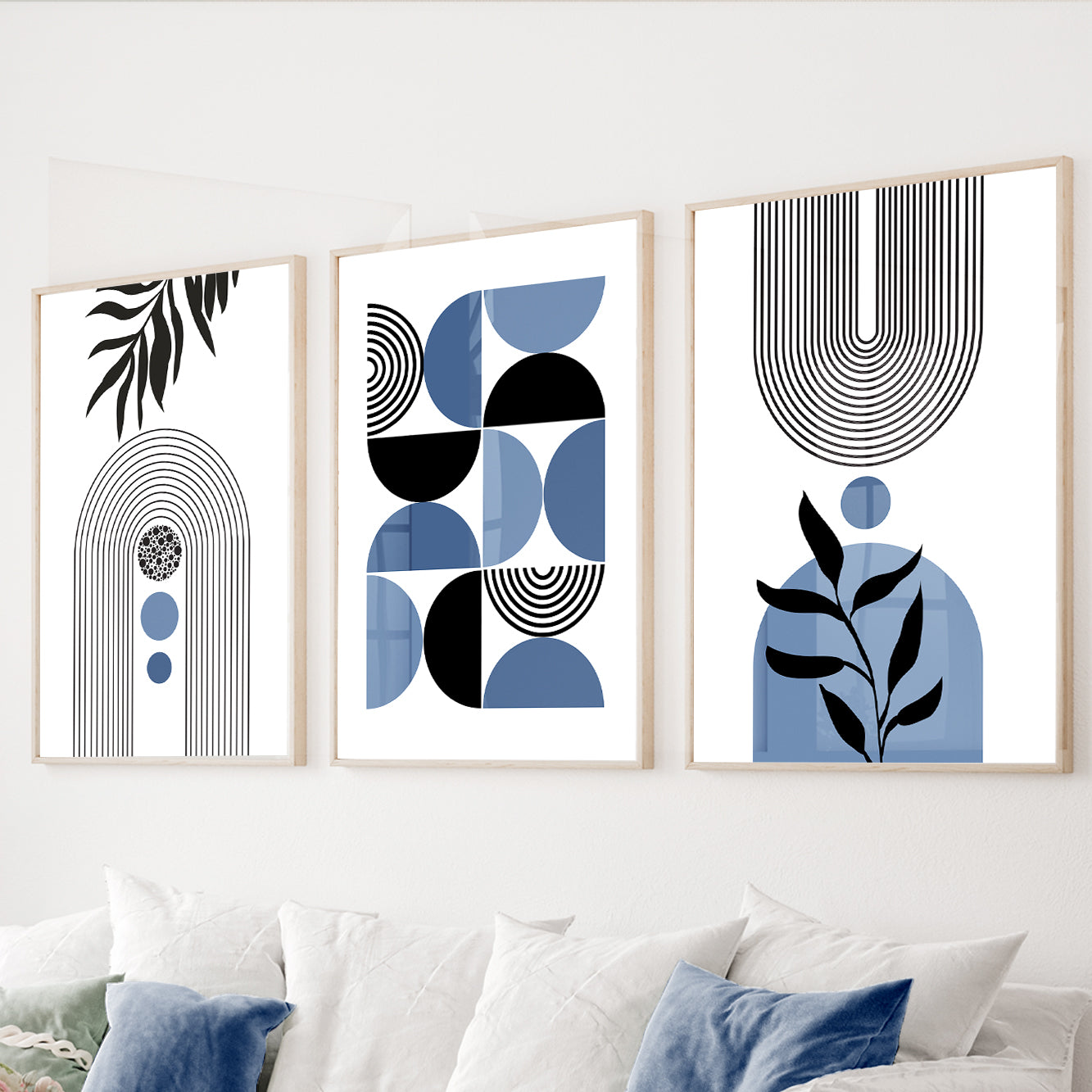 Blue geometric wall art set of 3 featuring minimalist arches, botanical silhouettes, and abstract shapes