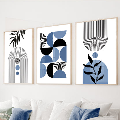 Blue geometric wall art set of 3 featuring minimalist arches, botanical silhouettes, and abstract shapes