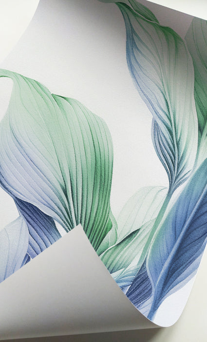 Elegant botanical gallery wall set featuring tropical leaves in calming blue and green tones