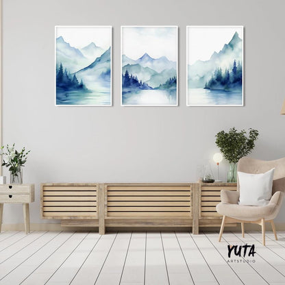 Navy blue mountain set of 3 prints. Modern watercolor minimalist landscape gallery wall set.  Nature 3 piece wall art, nordic abstract print