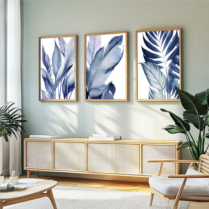 Botanical gallery wall featuring blue tropical foliage for contemporary interiors