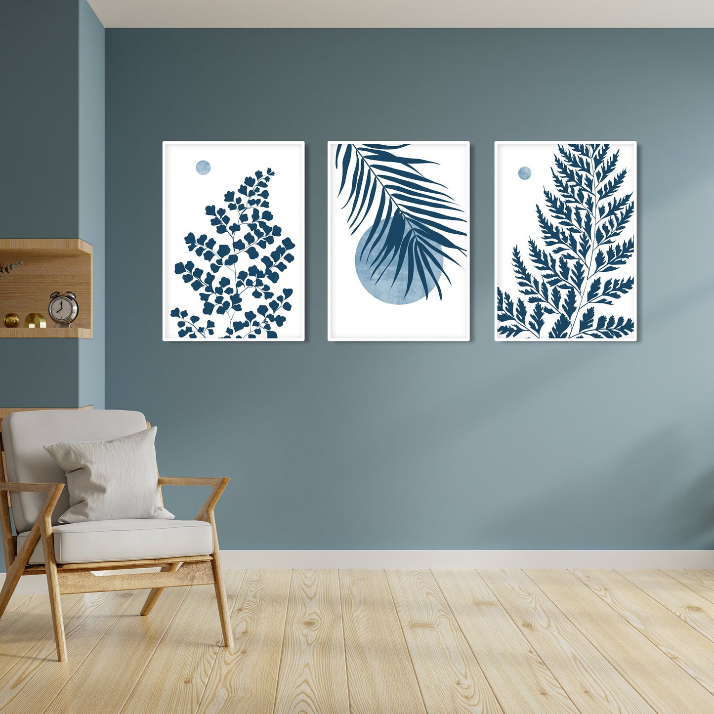 Blue leaf wall art set showcasing tropical palm fronds, fern branches and botanical silhouettes
