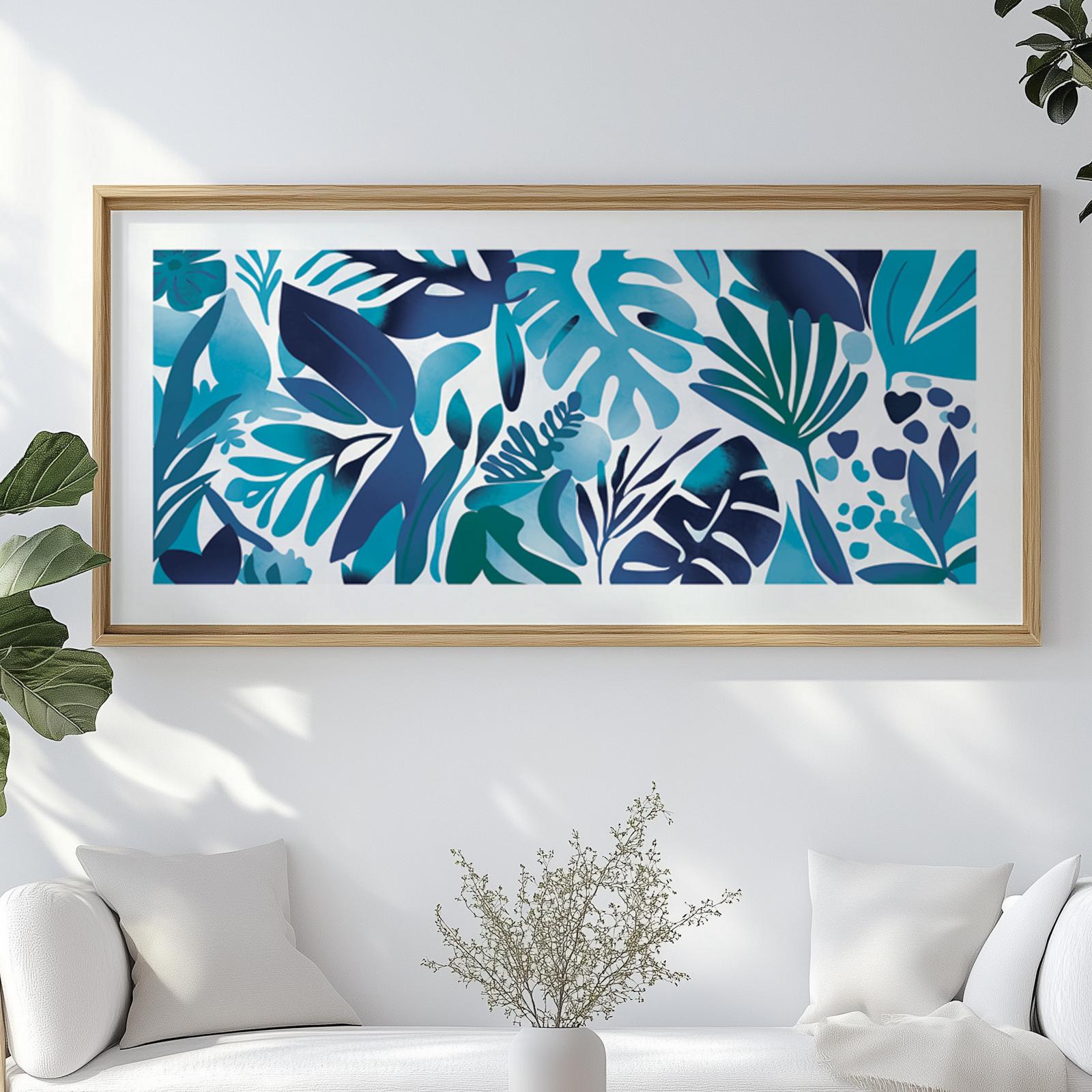 Framed blue botanical artwork shown above seating area, shipped unframed and rolled securely.