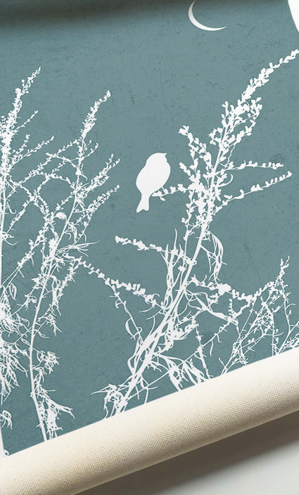 Nature wall art featuring elegant wildflowers and perched birds in soft blue tones