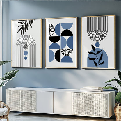Mid-Century abstract wall art with blue geometric forms and graphic line details