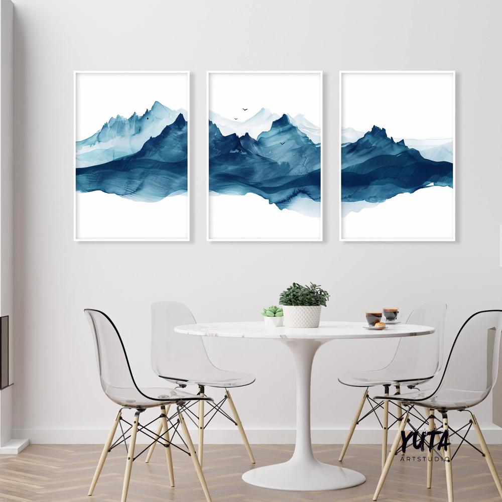Blue mountain prints featuring watercolor textures and layered mountain ranges for Scandinavian home decor