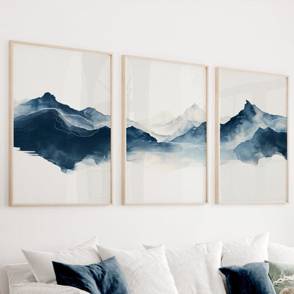 Navy blue abstract mountain set of 3 prints. Modern minimalist landscape gallery wall set.  Nature 3 piece wall art, blue nordic print