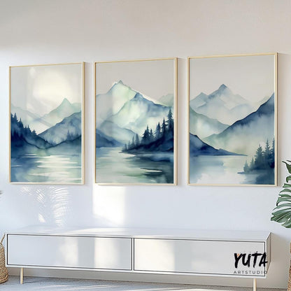 Navy blue mountains set of 3 prints. Modern minimalist mountain landscape gallery wall set.  Nature 3 piece wall art, nordic abstract print