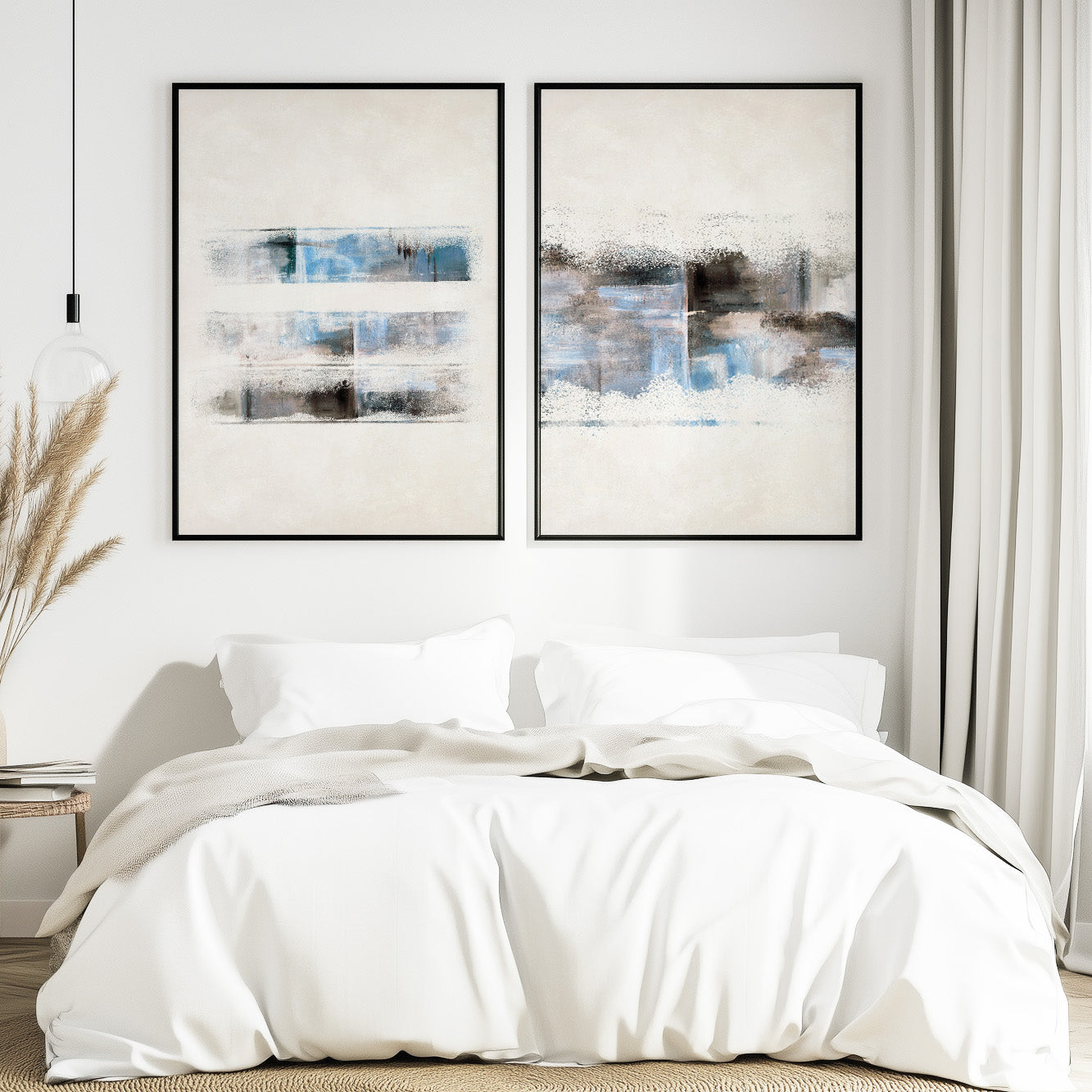 Blue neutral abstract wall art set of 2 with modern textured design
