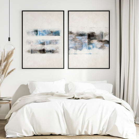 Blue neutral abstract wall art set of 2 with modern textured design