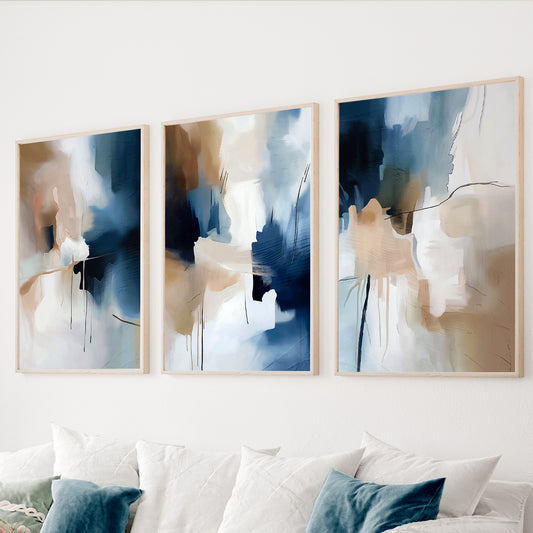 Blue neutral abstract wall art set of 3 featuring navy, beige, cream and soft blue expressive brushstrokes.