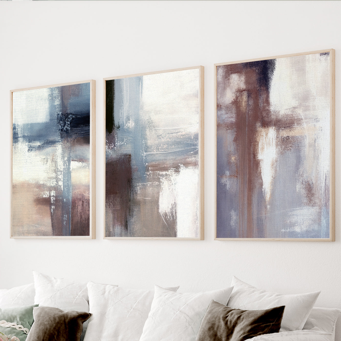 Blue neutral abstract wall art set of 3 with textured brushstrokes