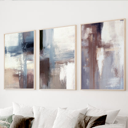 Blue neutral abstract wall art set of 3 with textured brushstrokes