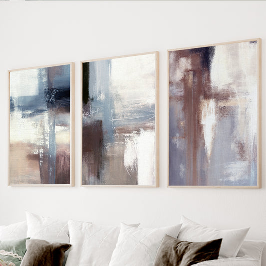 Blue neutral abstract wall art set of 3 with textured brushstrokes