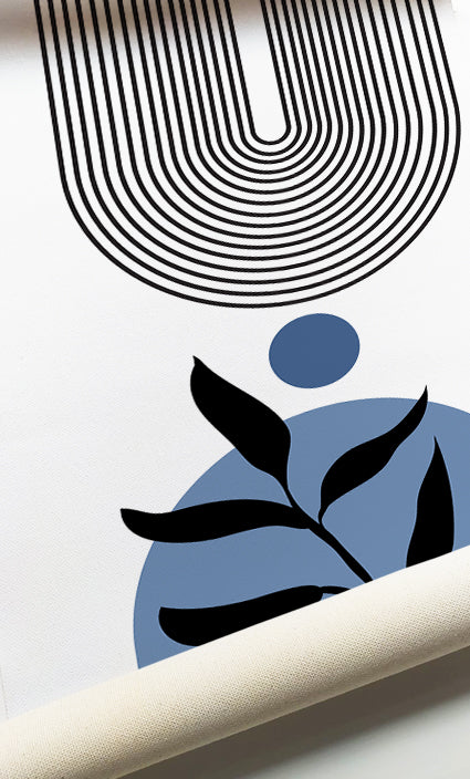Blue abstract geometric wall art with minimalist botanical details for Organic Modern homes