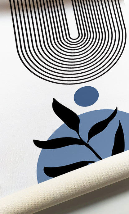 Blue abstract geometric wall art with minimalist botanical details for Organic Modern homes