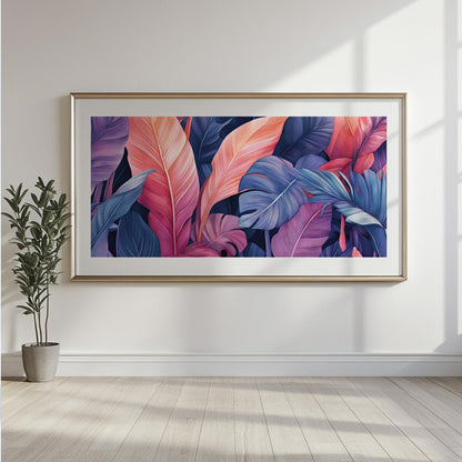 Blue and pink tropical wall art showcasing lush botanical leaves and vibrant contemporary jungle aesthetic
