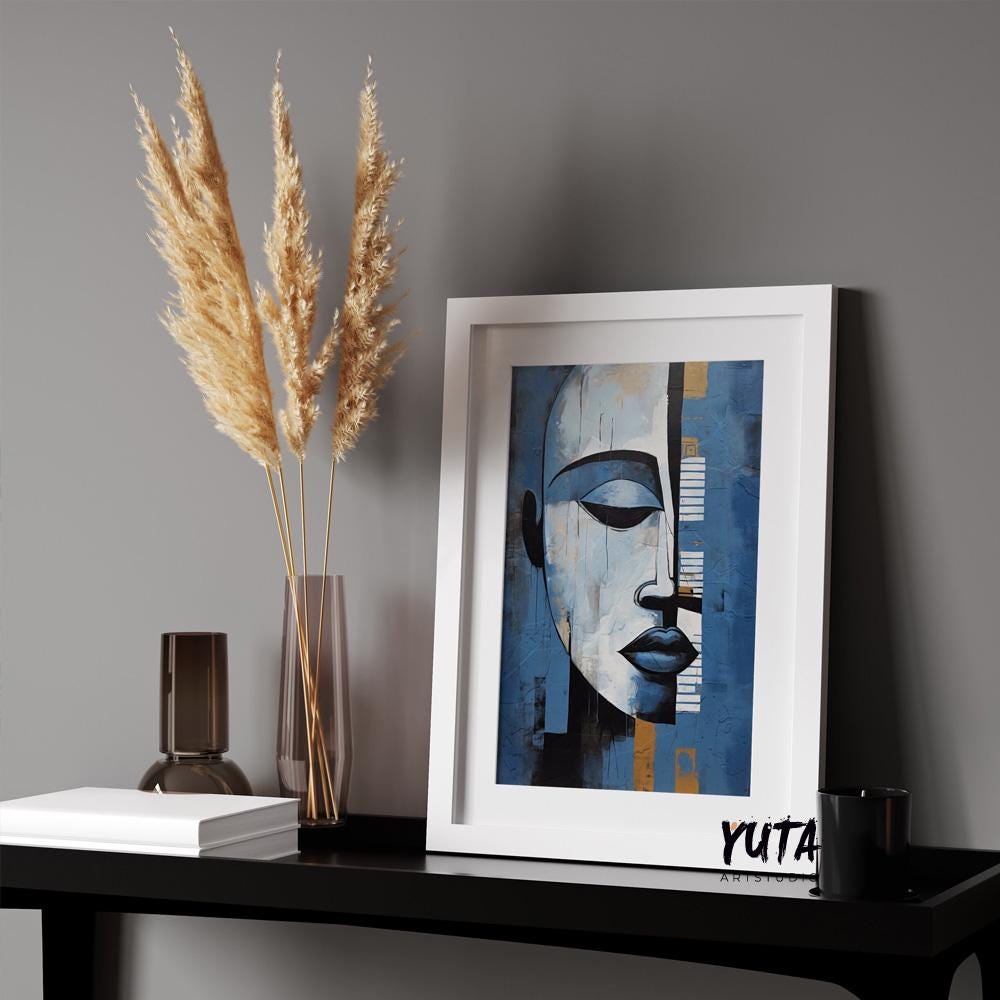 Modern navy blue grey abstract painting print. Contemporary african american art. Abstract woman portrait, minimalist living room decor