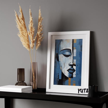 Modern navy blue grey abstract painting print. Contemporary african american art. Abstract woman portrait, minimalist living room decor