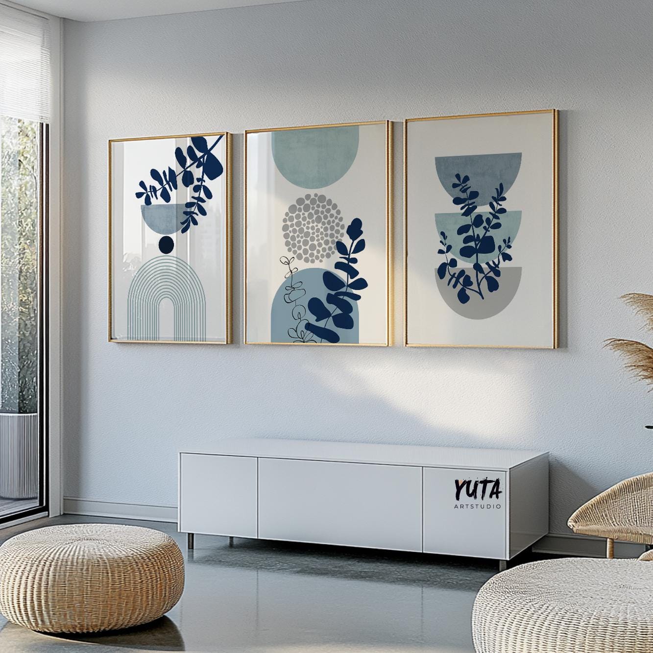 Blue wall art set featuring abstract botanical silhouettes and contemporary geometric design in calming neutral tones