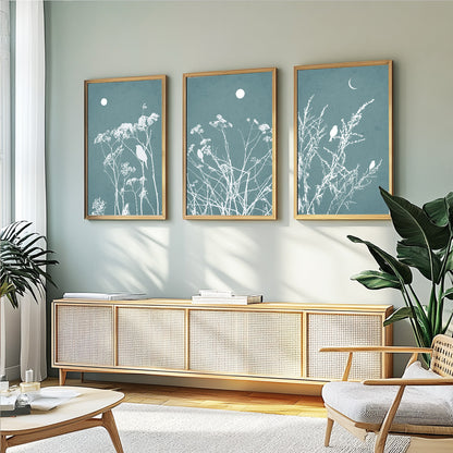 Botanical bird prints with delicate meadow flowers in calming blue and white tones