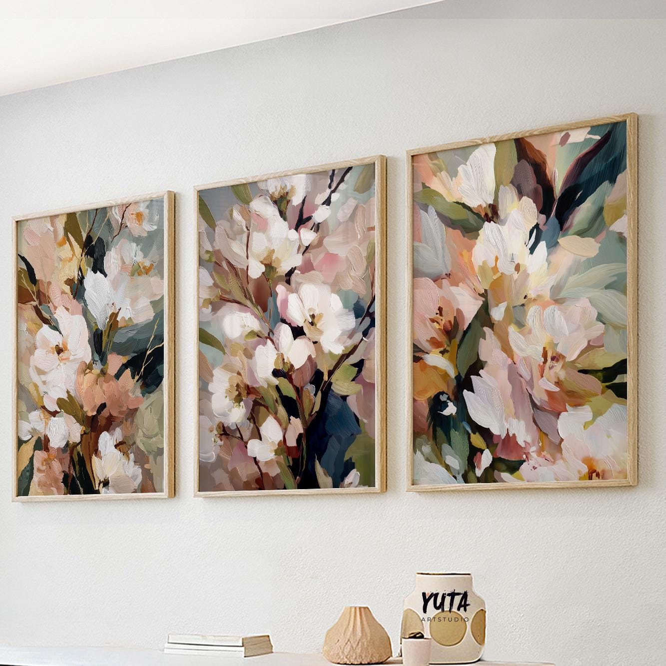 Large neutral flower artwork with expressive paint strokes